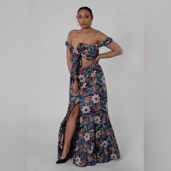 African Print Ankara Cotton Floral Print Tie Front Top and Maxi Skirt Set - Picture 10 of 13